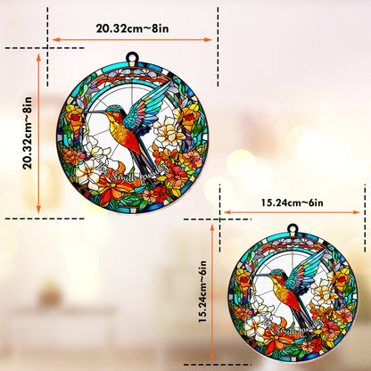 Beautiful Hummingbird Surrounded by Flowers - Personalized Hummingbird Window Hanging Suncatcher Ornament