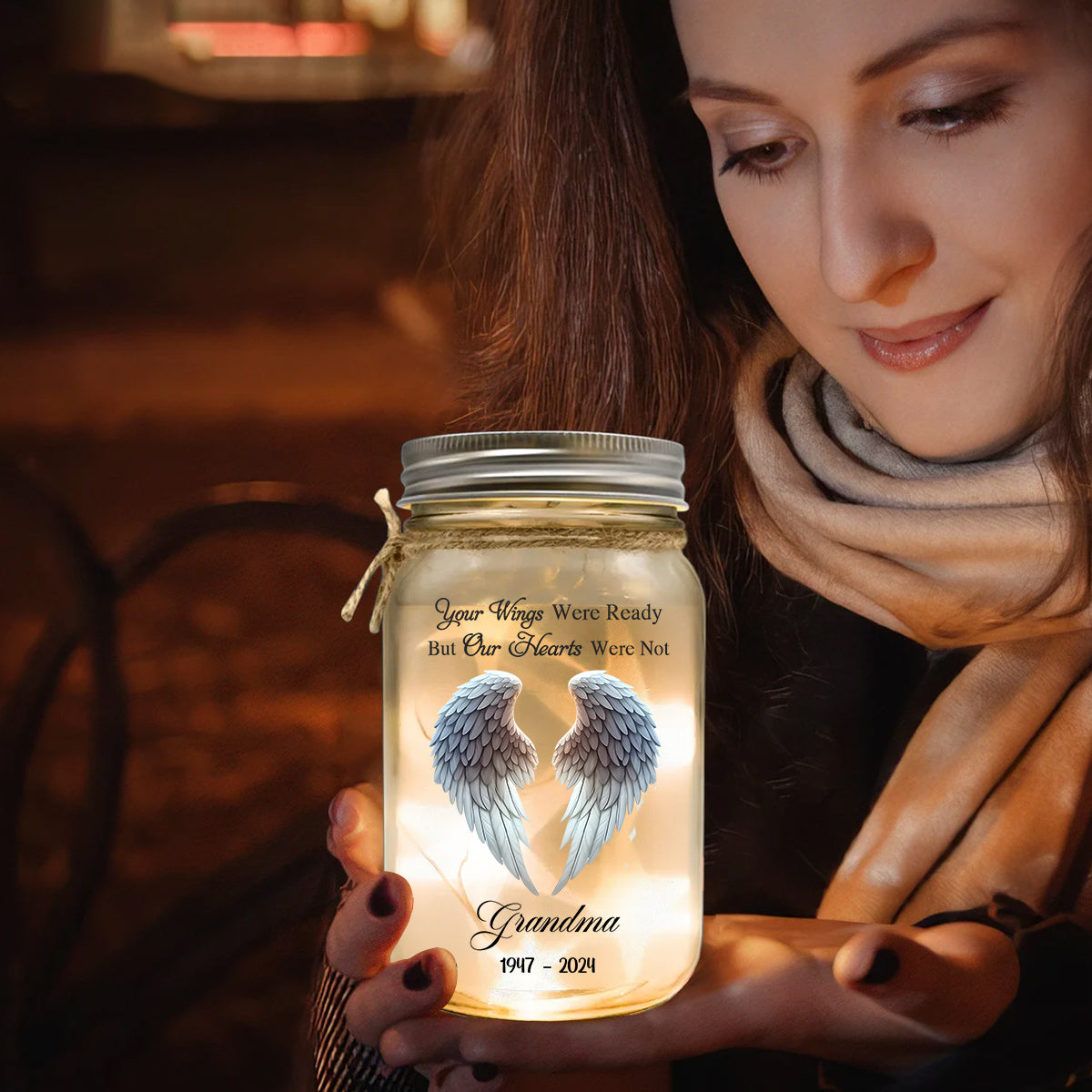 Beautiful Angle Wings - Personalized Memorial Mason Jar Light
