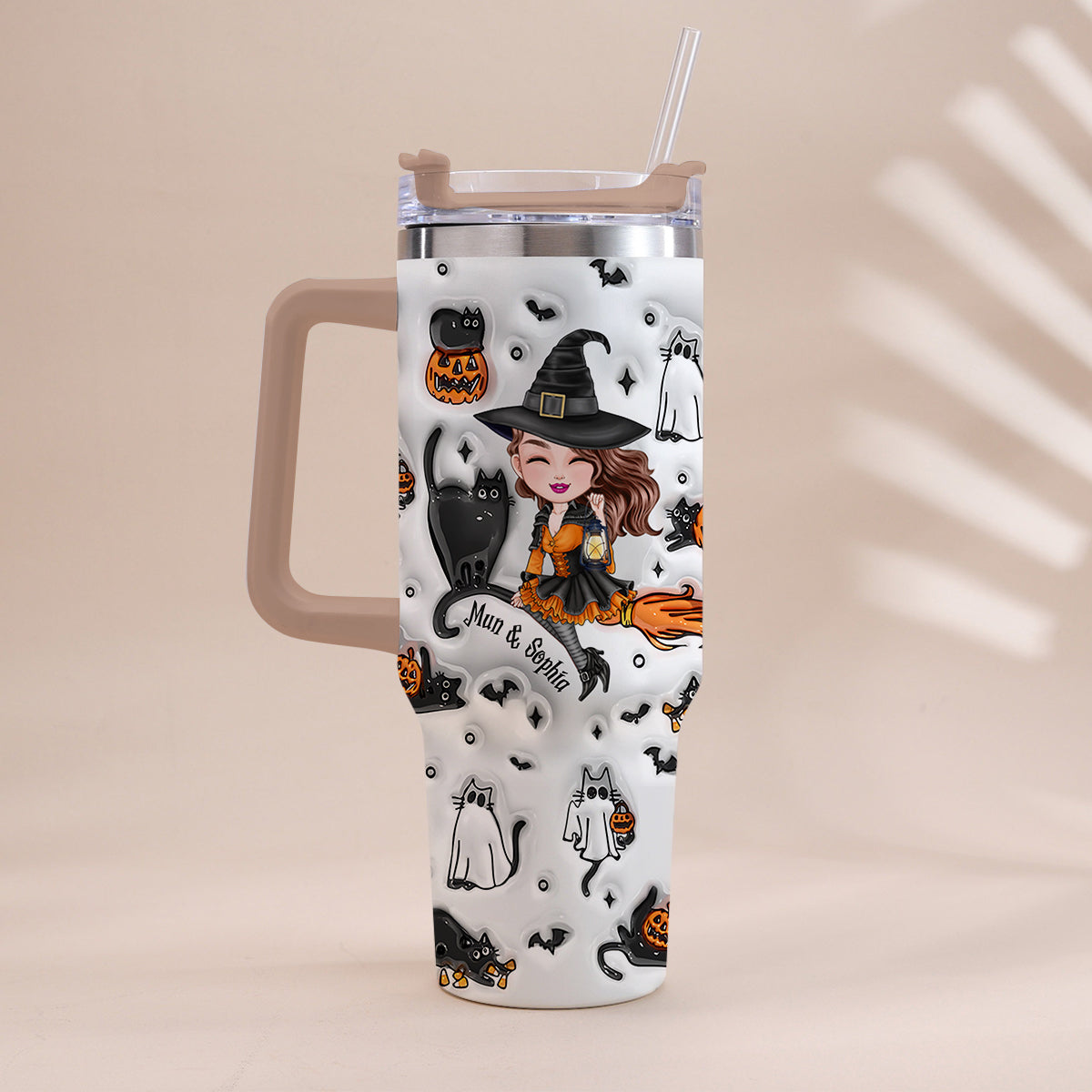 Cute Witch Halloween Ghost Boo Cat - Personalized Witch Tumbler With Handle