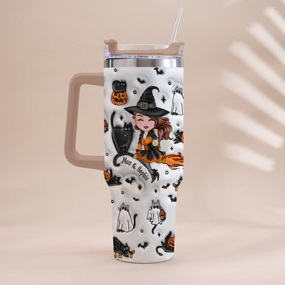 Cute Witch Halloween Ghost Boo Cat - Personalized Witch Tumbler With Handle