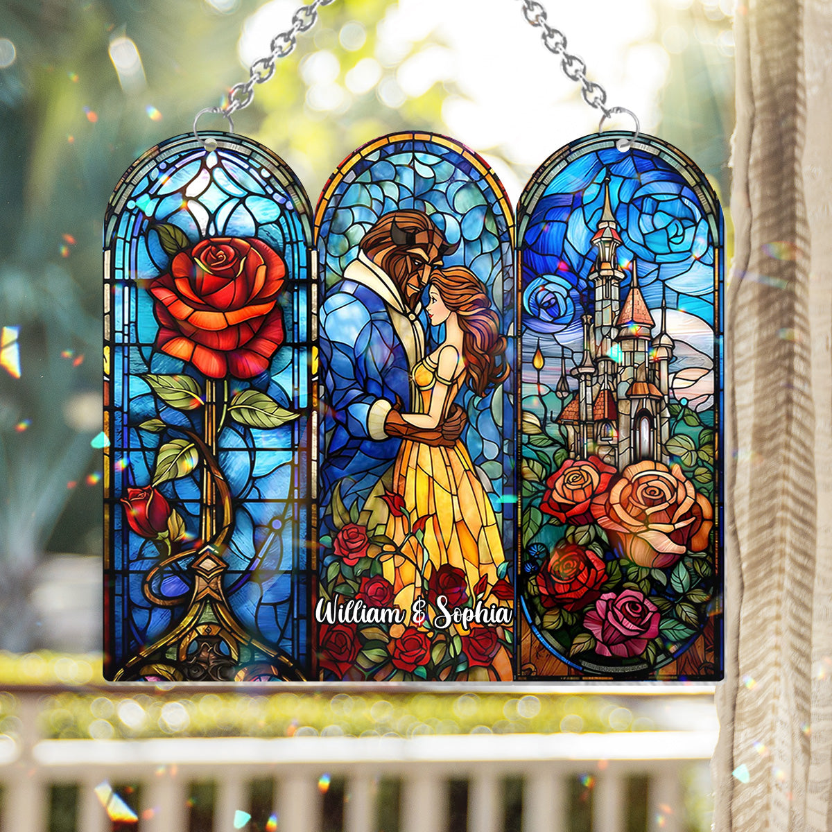 Princess & The Beast Enchanted Rose & Castle - Personalized Beauty And The Beast Window Hanging Suncatcher Ornament