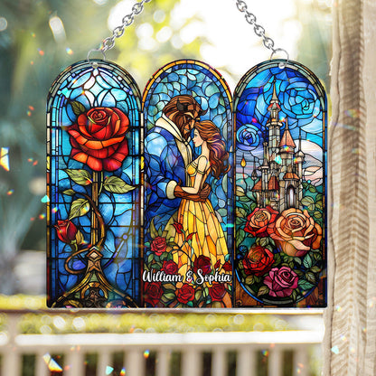 Princess & The Beast Enchanted Rose & Castle - Personalized Beauty And The Beast Window Hanging Suncatcher Ornament
