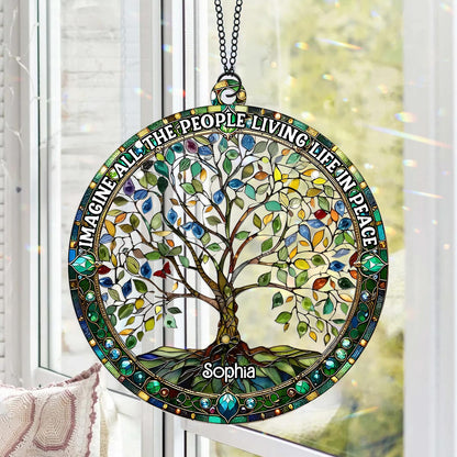 Imagine All The People Living Life In Peace - Personalized Hippie Window Hanging Suncatcher Ornament