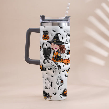 Cute Witch Halloween Ghost Boo Cat - Personalized Witch Tumbler With Handle