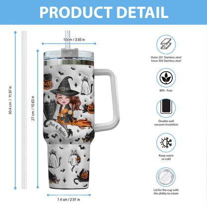 Cute Witch Halloween Ghost Boo Cat - Personalized Witch Tumbler With Handle