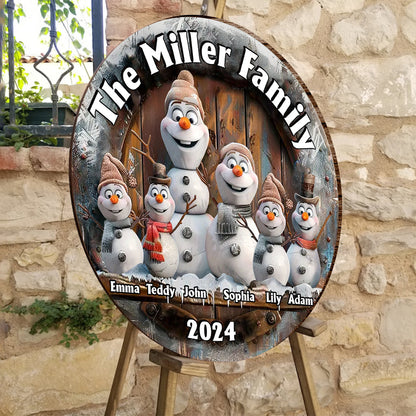 Snowman Family - Personalized Family Round Wood Sign