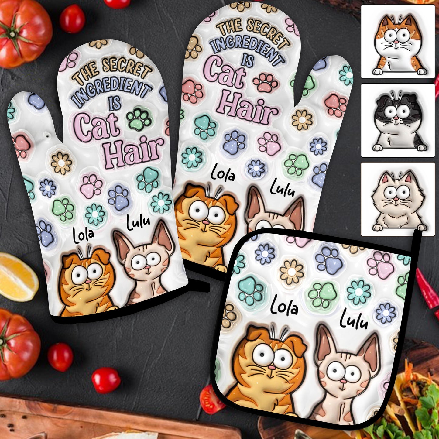 The Scret Ingredient Is Cat Hair - Personalized Cat Oven Mitts & Pot Holder Set