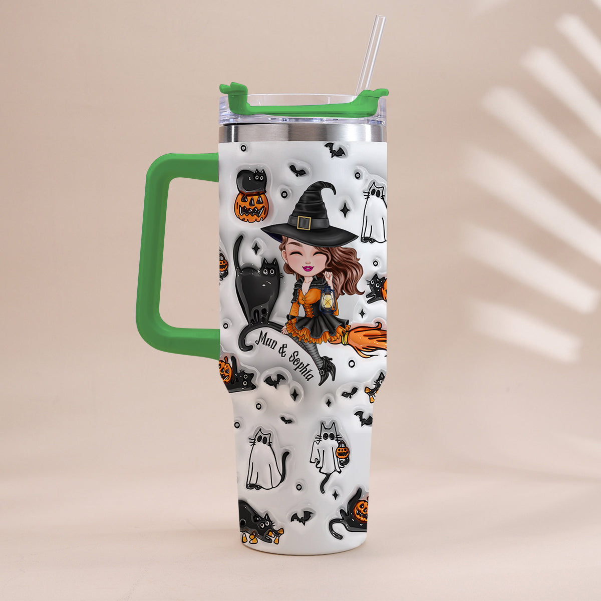 Cute Witch Halloween Ghost Boo Cat - Personalized Witch Tumbler With Handle