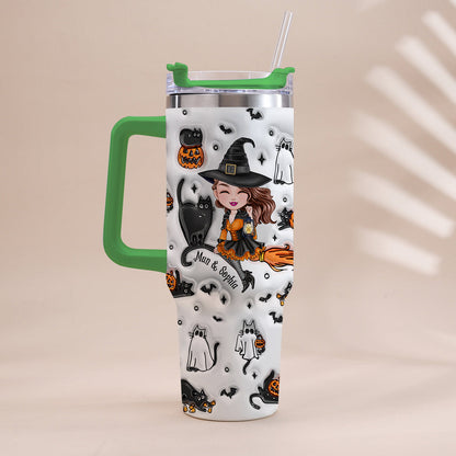 Cute Witch Halloween Ghost Boo Cat - Personalized Witch Tumbler With Handle