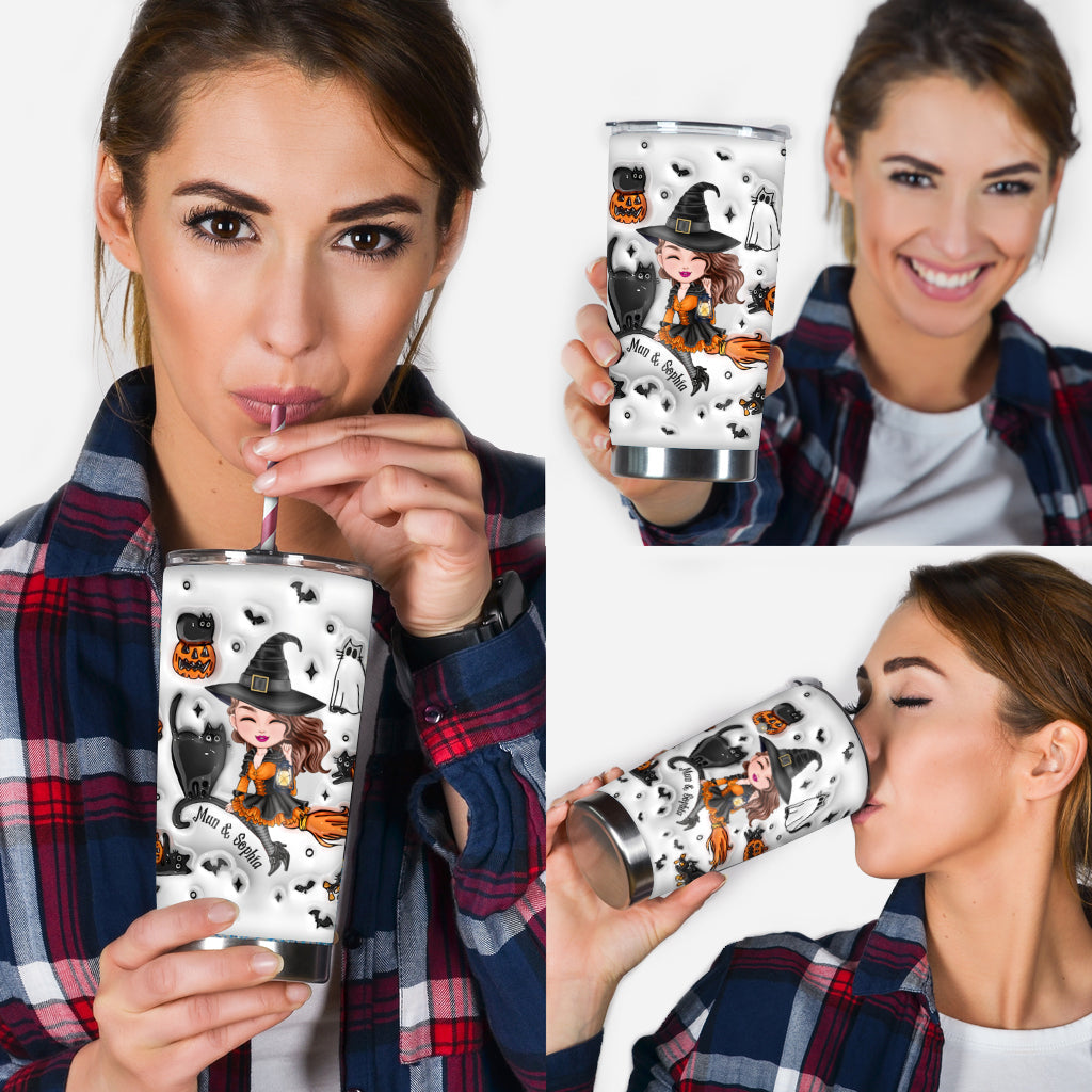 Cute Witch Halloween Ghost Boo Cat - Personalized Witch Tumbler