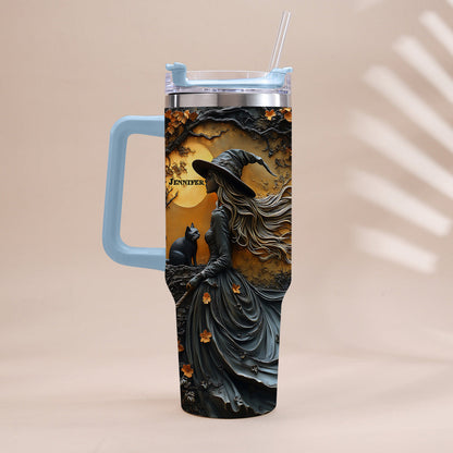 Beautiful Witch & Her Black Cat - Personalized Witch Tumbler With Handle