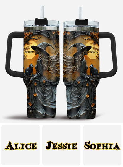 Beautiful Witch & Her Black Cat - Personalized Witch Tumbler With Handle