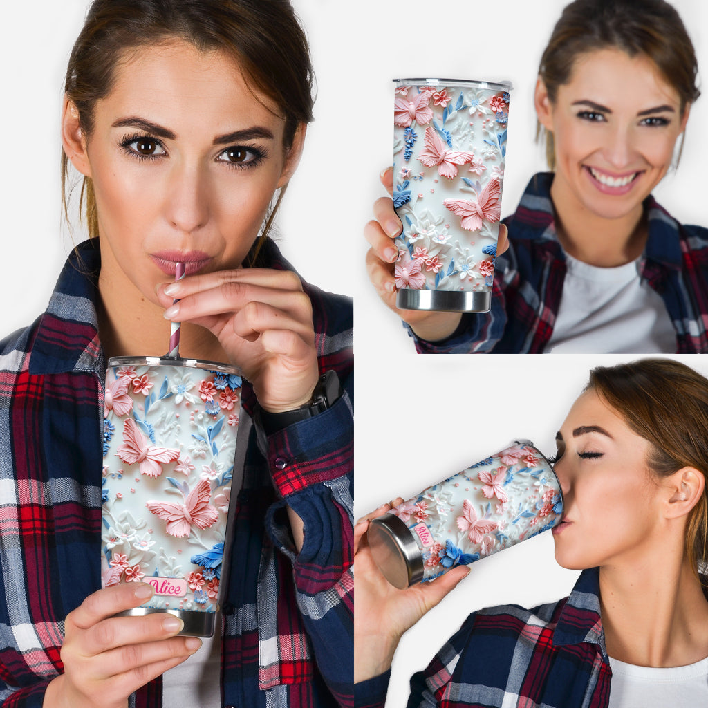 Pink And Blue Butterflies - Personalized Butterfly Tumbler