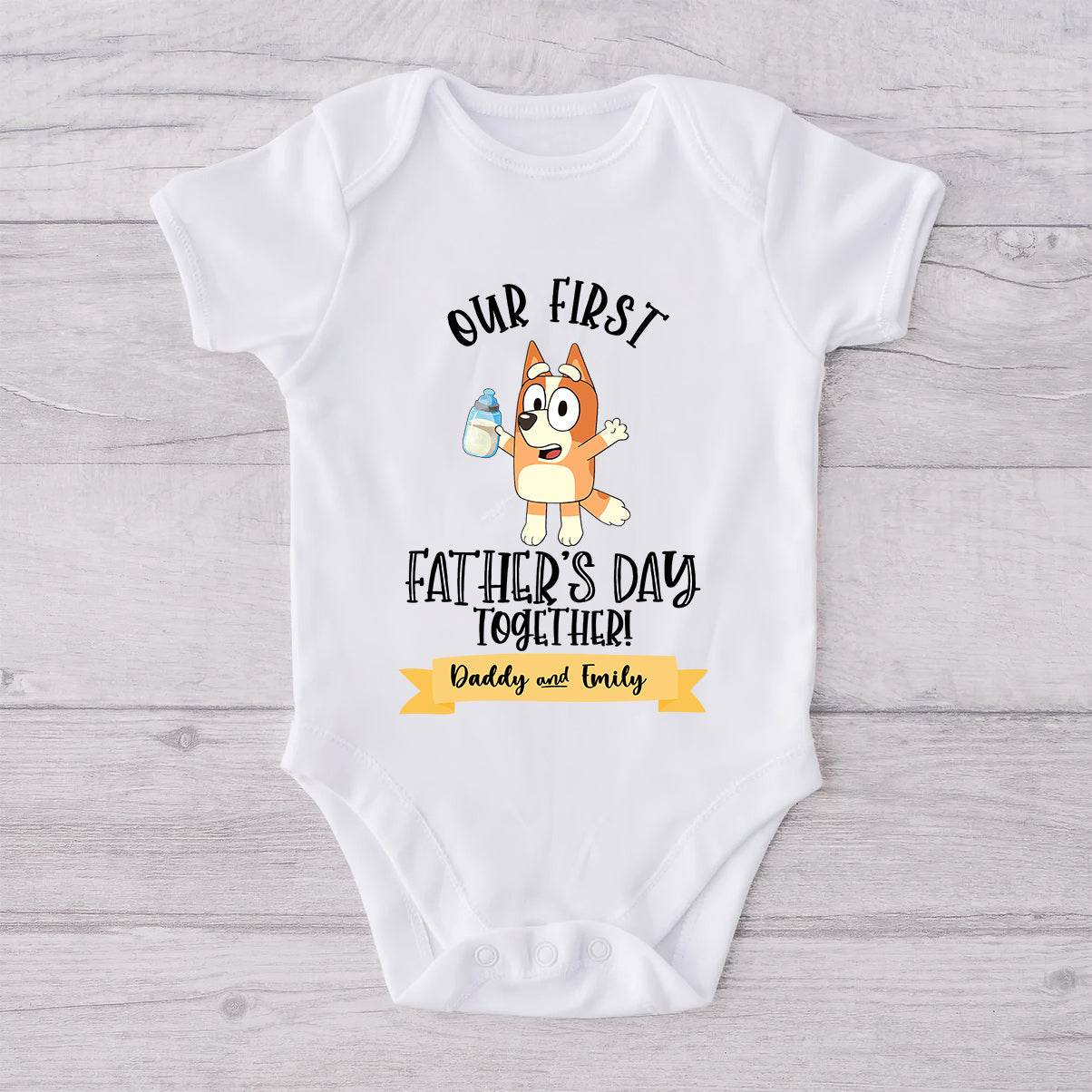 Our First Father's Day Mother's Day Together Drink Cool Blue Dog - Personalized Father T-shirt And Baby Onesie
