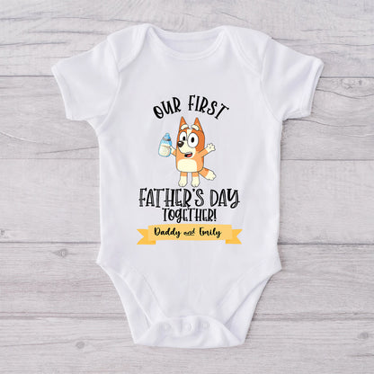 Our First Father's Day Mother's Day Together Drink Cool Blue Dog - Personalized Father T-shirt And Baby Onesie