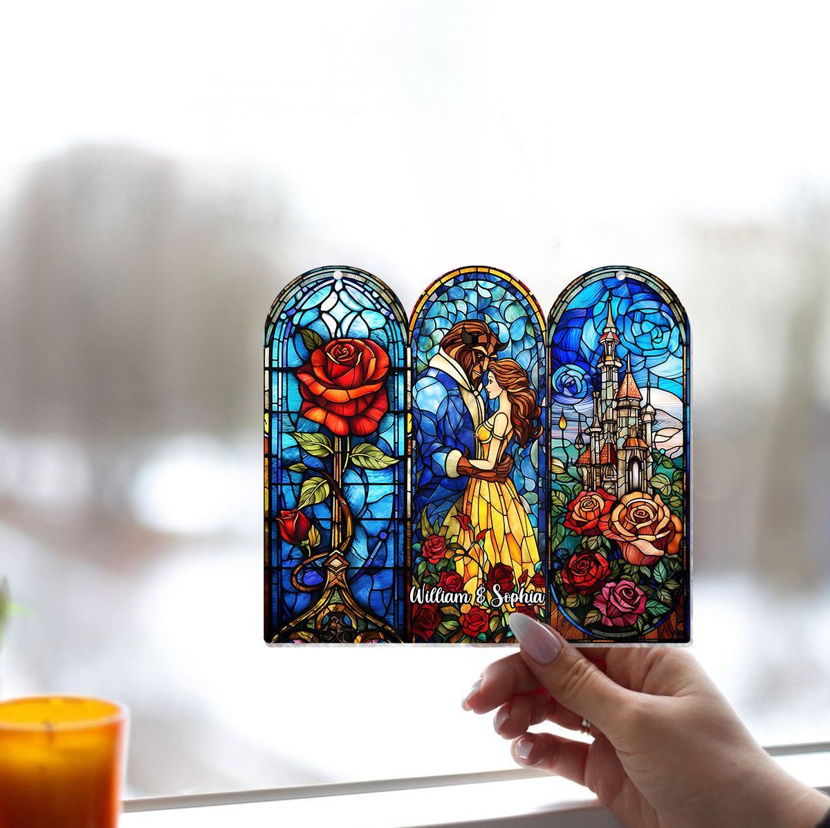 Princess & The Beast Enchanted Rose & Castle - Personalized Beauty And The Beast Window Hanging Suncatcher Ornament
