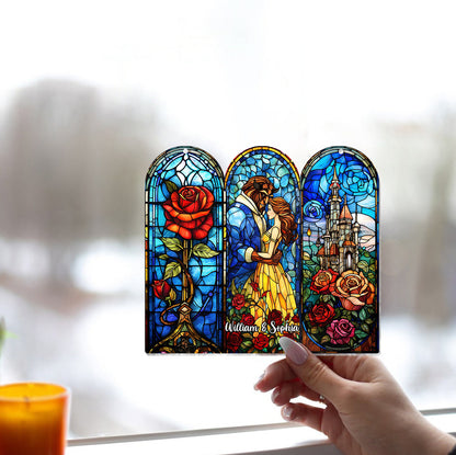 Princess & The Beast Enchanted Rose & Castle - Personalized Beauty And The Beast Window Hanging Suncatcher Ornament