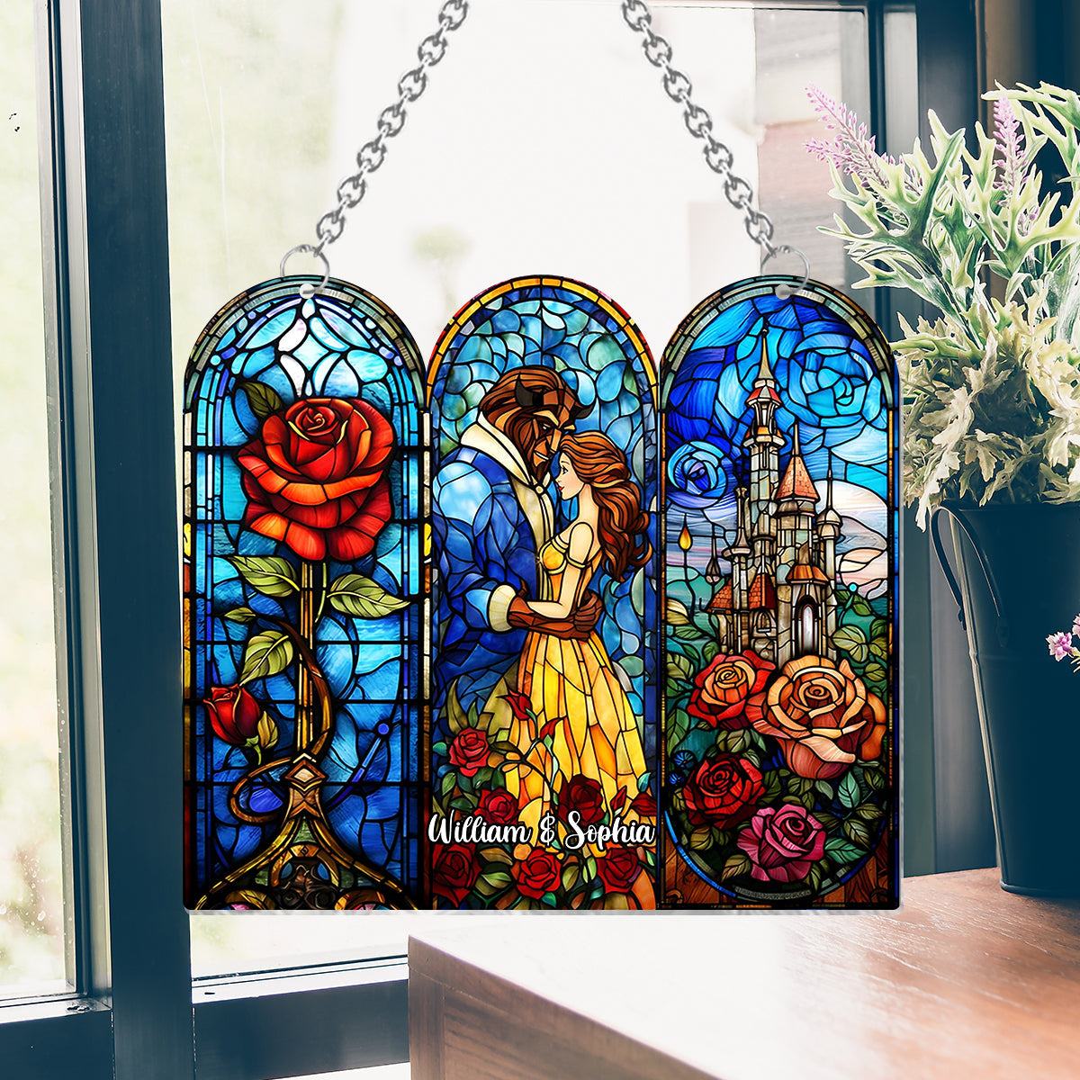 Princess & The Beast Enchanted Rose & Castle - Personalized Beauty And The Beast Window Hanging Suncatcher Ornament