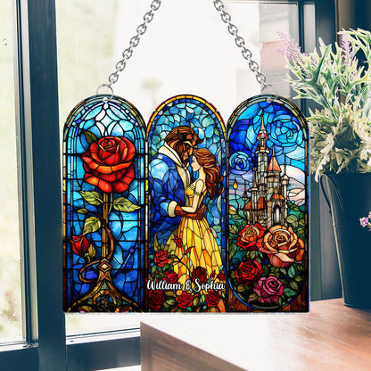 Princess & The Beast Enchanted Rose & Castle - Personalized Beauty And The Beast Window Hanging Suncatcher Ornament