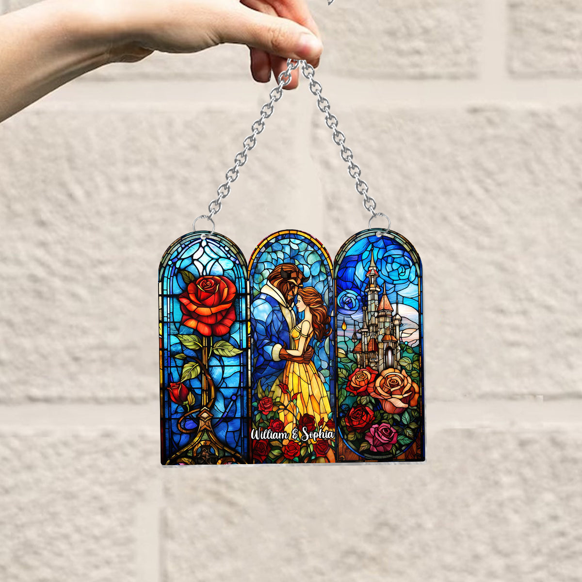 Princess & The Beast Enchanted Rose & Castle - Personalized Beauty And The Beast Window Hanging Suncatcher Ornament
