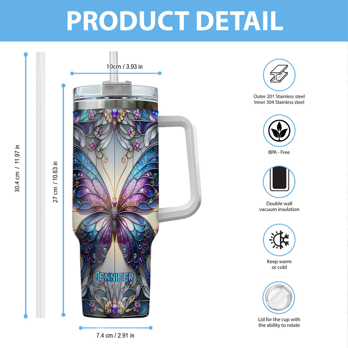 Love Butterflies - Personalized Butterfly Tumbler With Handle