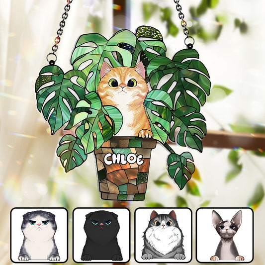 Peeking Cat And Monstera - Personalized Cat Window Hanging Suncatcher Ornament