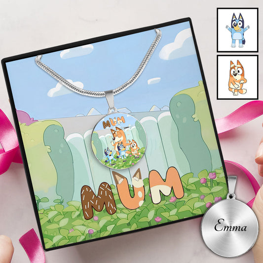 Mum Cute Blue Dog - Personalized Mother Round Pendant Necklace