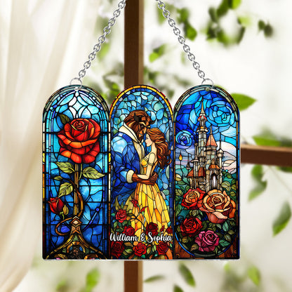 Princess & The Beast Enchanted Rose & Castle - Personalized Beauty And The Beast Window Hanging Suncatcher Ornament