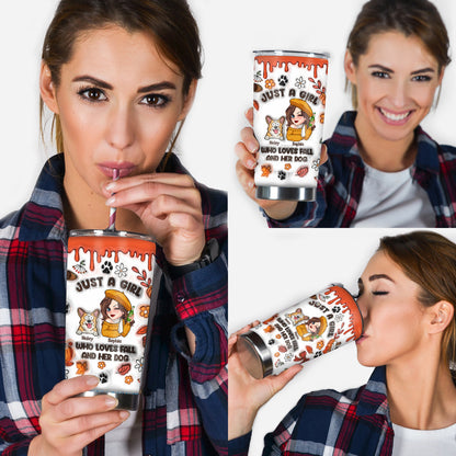 Just A Girl Who Loves Fall And Her Dog - Personalized Dog Tumbler