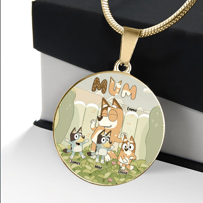 Mum Cute Blue Dog - Personalized Mother Round Pendant Necklace