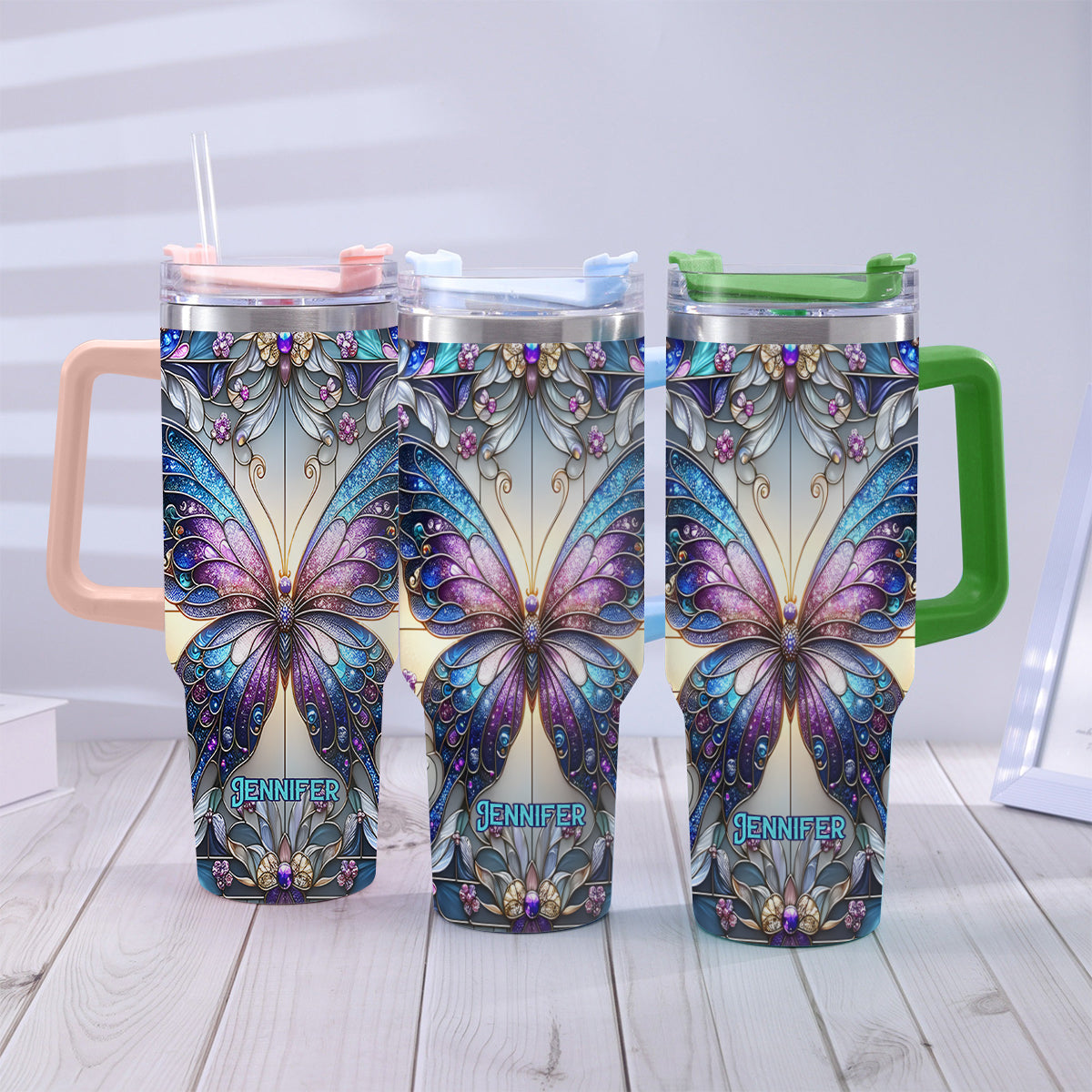 Love Butterflies - Personalized Butterfly Tumbler With Handle