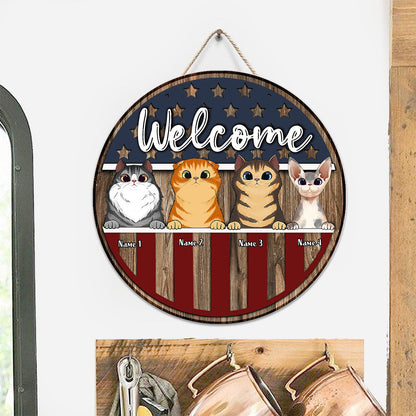 Welcome - Personalized Independence Day Cat Round Wood Sign