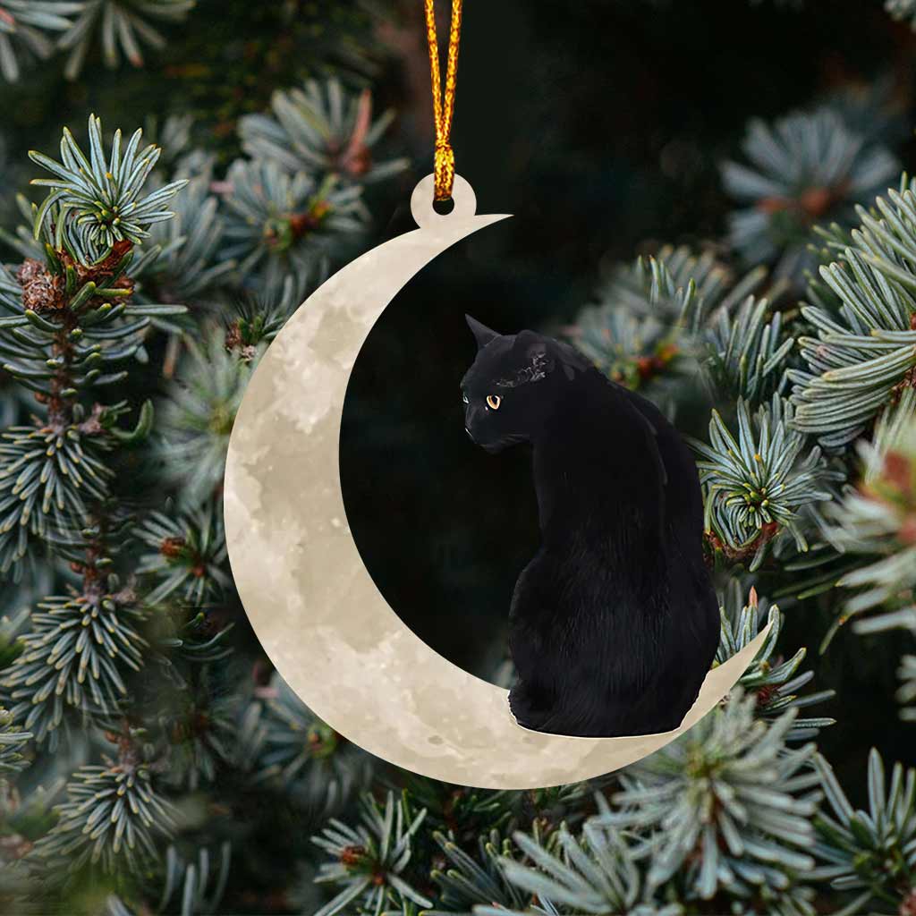 Black Cat Sits On The Moon - Cat Ornament (Printed On Both Sides) 1022