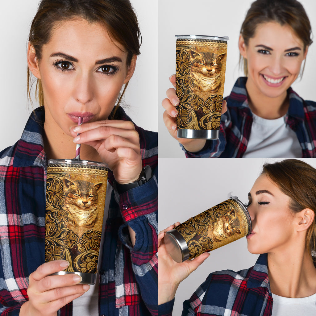 Cat Tumbler With Leather Pattern Print 0622