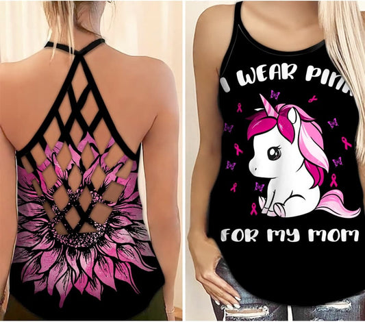 I Wear Pink For My Mom - Breast Cancer Awareness Cross Tank Top 0722