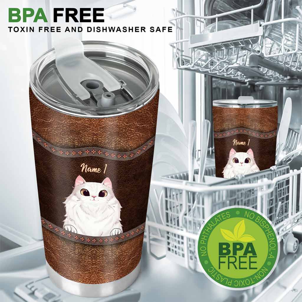 Love Cats - Personalized Cat Tumbler With Leather Pattern Print