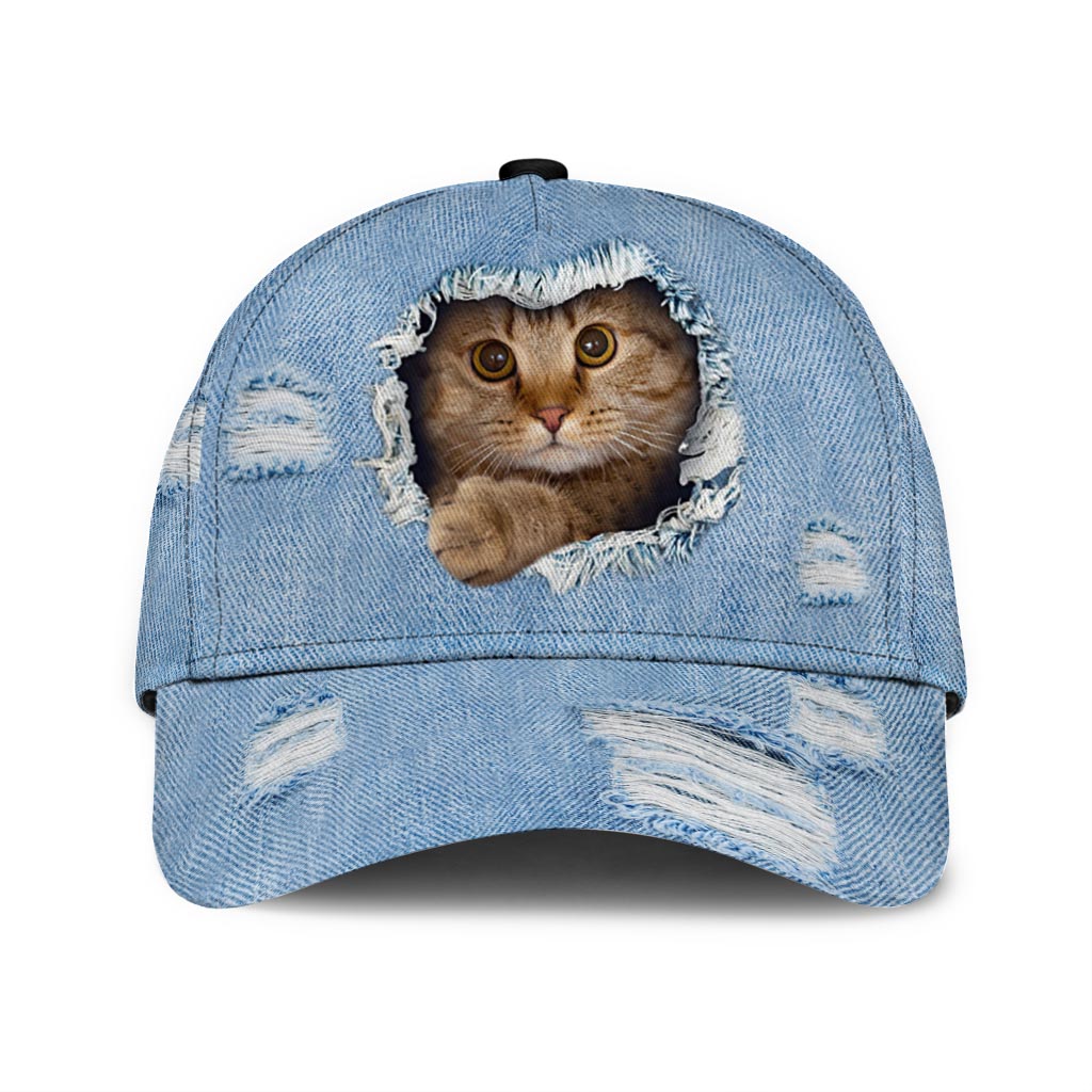 Peeking Cat Denim Pattern Print Cat Classic Cap 0622