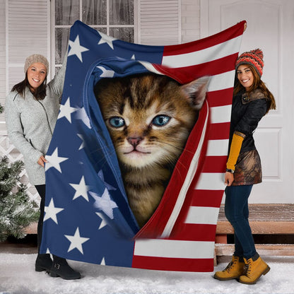 Kitten Opened American Flag Independence Day Cat Blanket 0622