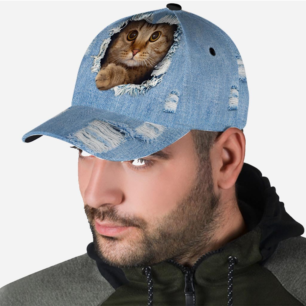 Peeking Cat Denim Pattern Print Cat Classic Cap 0622