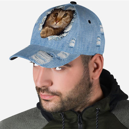 Peeking Cat Denim Pattern Print Cat Classic Cap 0622