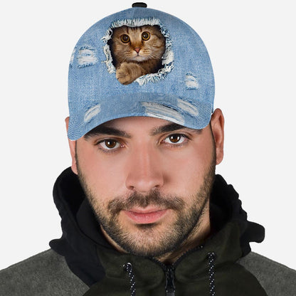 Peeking Cat Denim Pattern Print Cat Classic Cap 0622