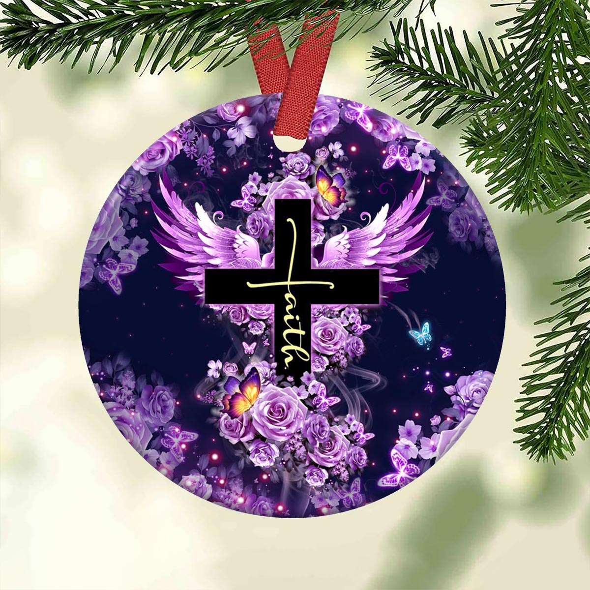 Faith Cross Purple Florals Christian - Round Aluminium Ornament (Printed On Both Sides) 1122
