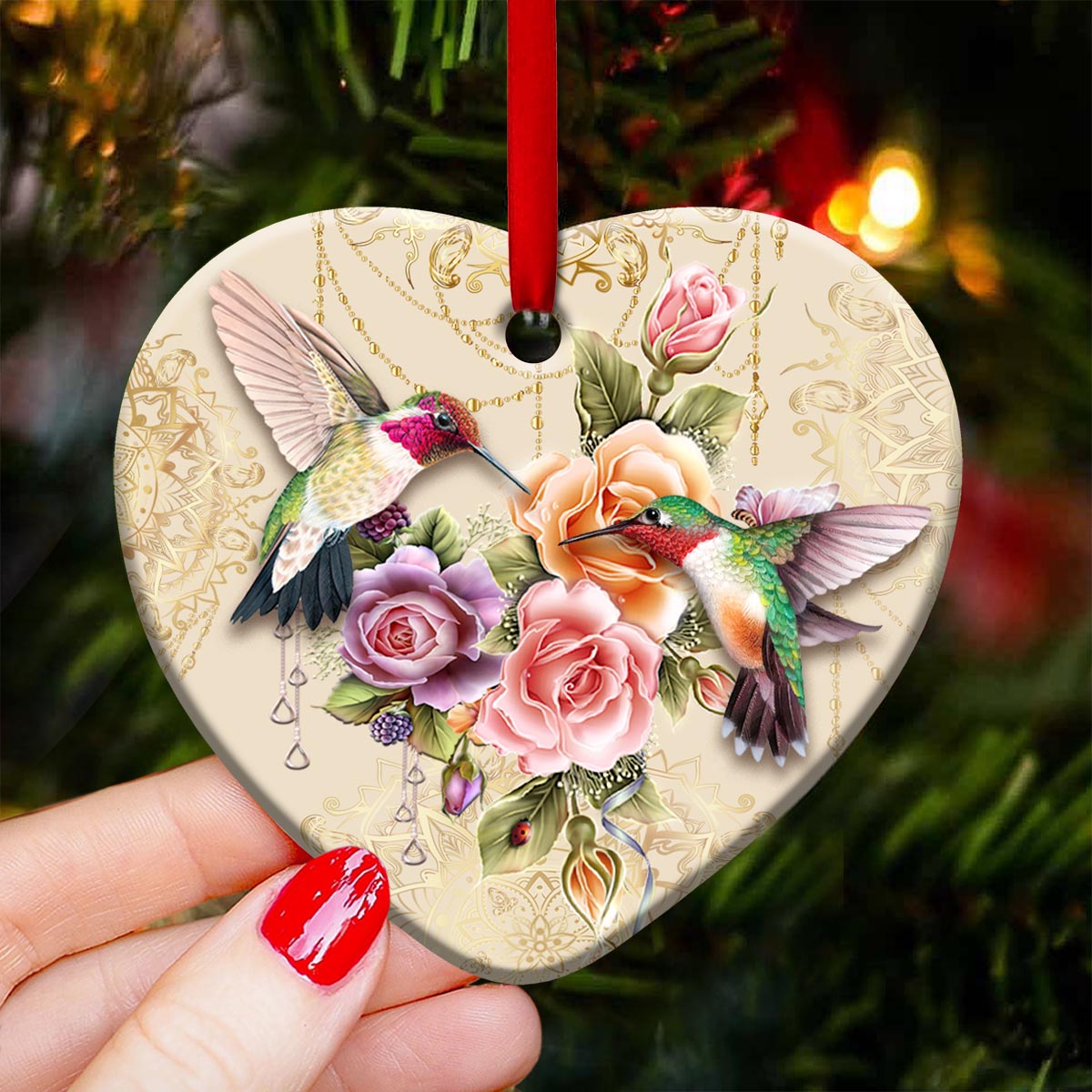 Hummingbird Couple Flowers Hummingbird - Heart Aluminium Ornament (Printed On Both Sides) 1122