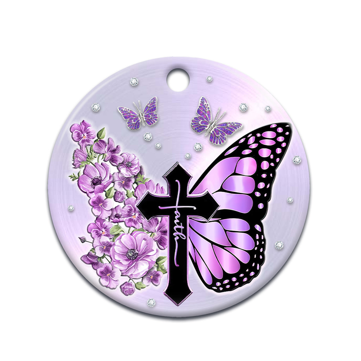 Butterfly Faith Purple Floral - Christian Ornament (Printed On Both Sides) 1022