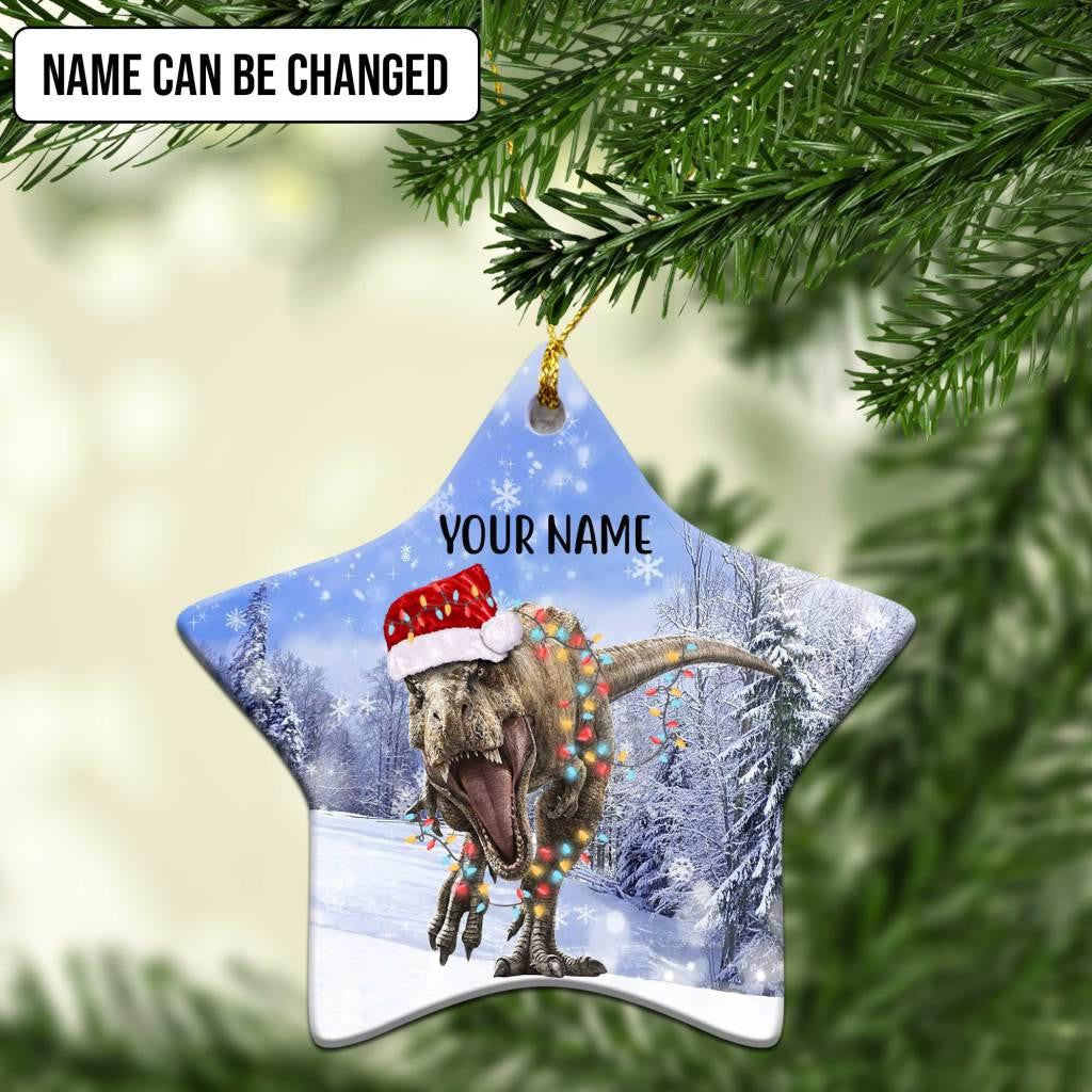 Christmas Dinosaur In Snow - Personalized Dinosaur Ornament (Printed On Both Sides) 1122