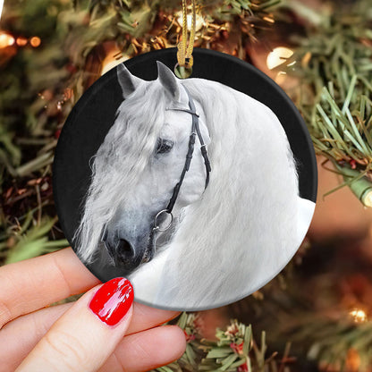 Horse White In Black - Horse Ornament (Printed On Both Sides) 1022