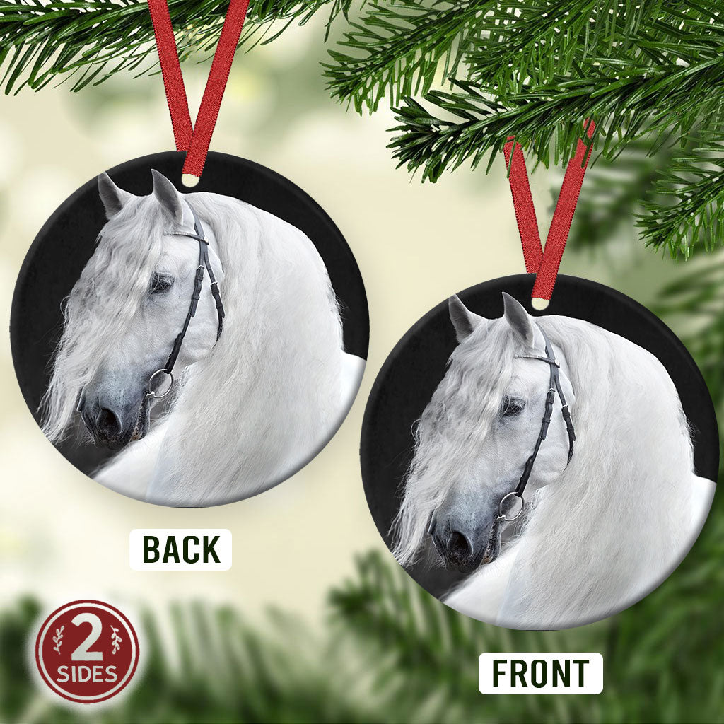Horse White In Black - Horse Ornament (Printed On Both Sides) 1022