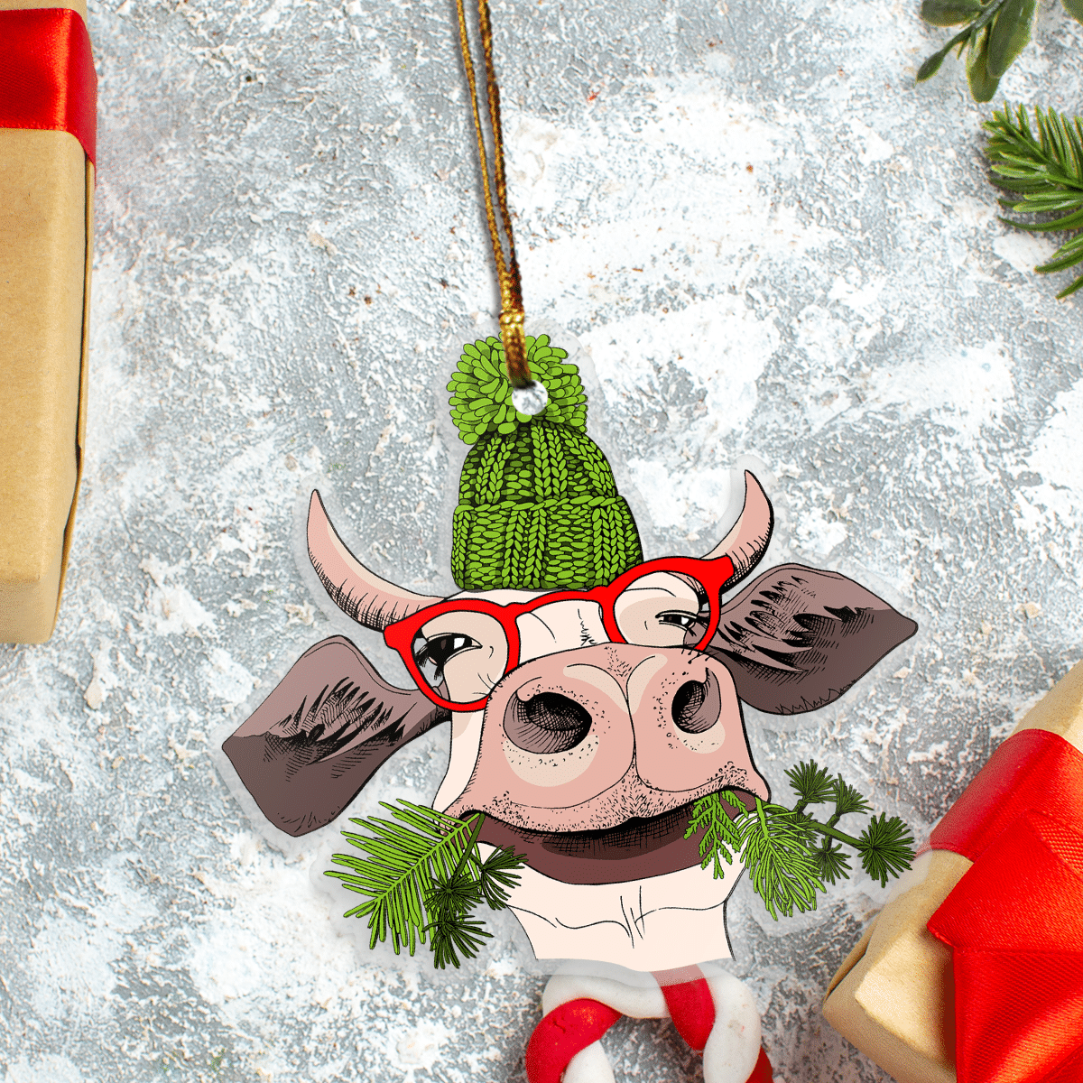 Funny Christmas Cow - Cow Ornament (Printed On Both Sides) 1022