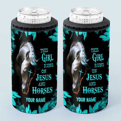 This Girl Runs On Jesus And Horse - Personalized Horse Can Cooler