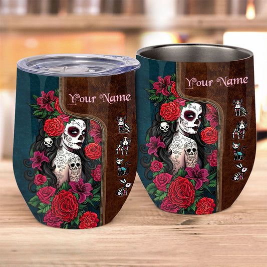Day Of The Dead - Personalized Latina Women Wine Tumbler